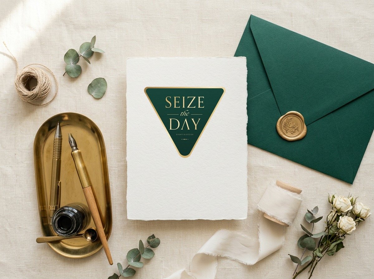 Triangle Mark printed on a deckle-edge cotton card beside an emerald envelope with a gold wax seal