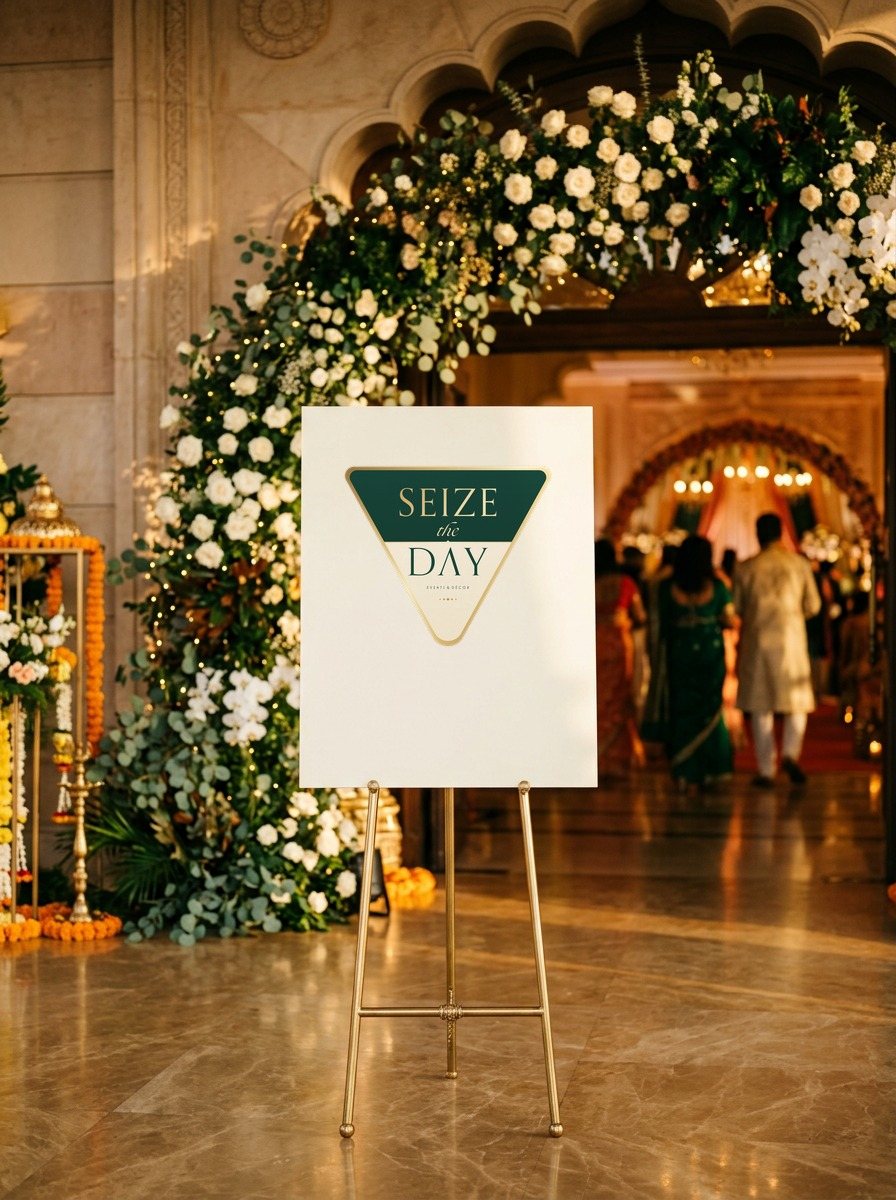 Dusk to Day printed on an ivory welcome sign on a brass easel at a venue entrance