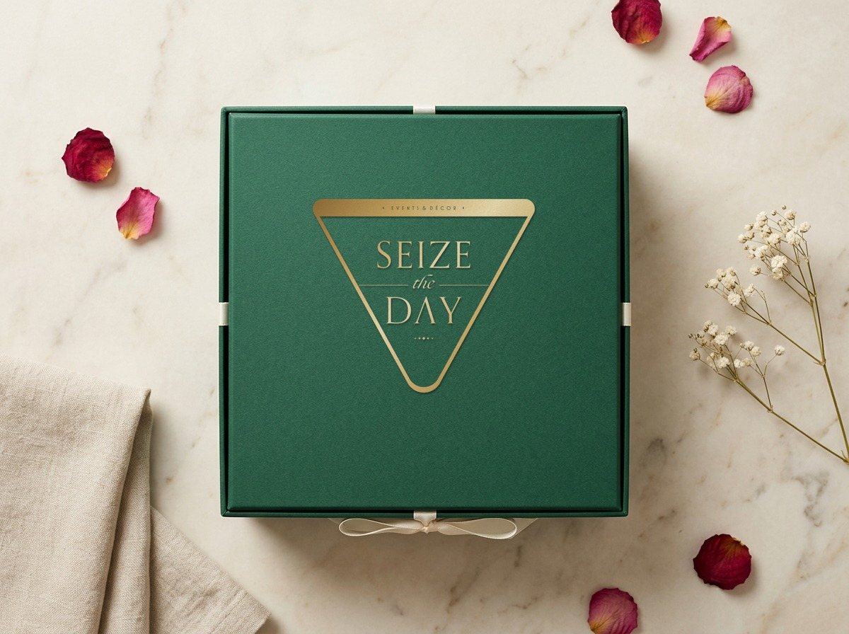 Lintel logo foil-stamped in gold on an emerald gift box