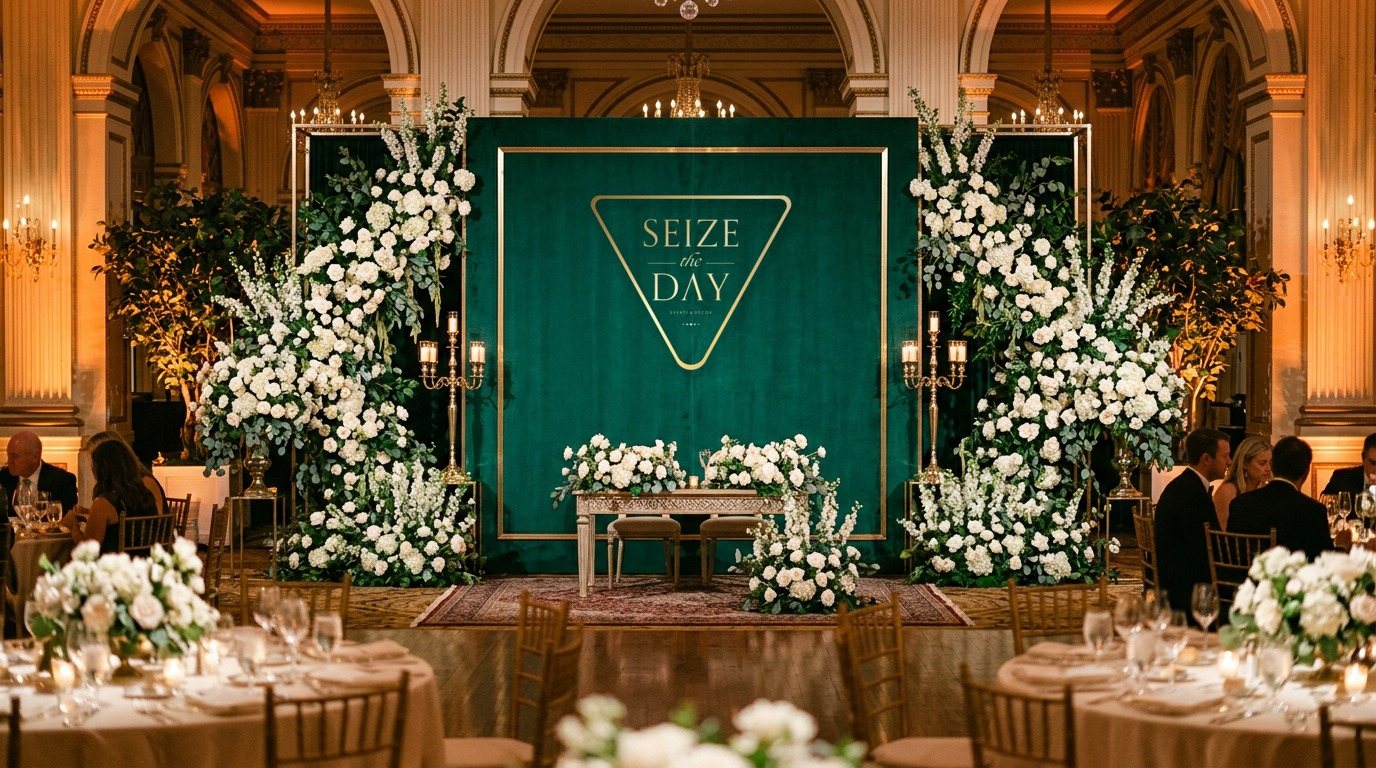 Triangle Mark in brass on an emerald velvet stage backdrop between white floral installations